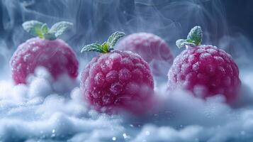 Frosted raspberries with mint leaves surrounded by mist create a refreshing and appealing image. photo