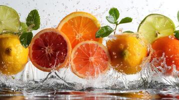 A vibrant splash of citrus fruits, showcasing freshness and vitality in a dynamic setting. photo