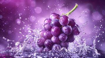 A cluster of purple grapes splashes into water, creating a vibrant and refreshing scene. photo
