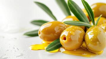 Fresh yellow olives with olive leaves and oil on a white surface. photo
