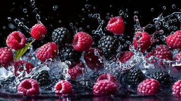 A dynamic splash of raspberries and blackberries in water, showcasing freshness and vitality. photo