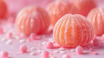 A colorful display of pink jelly desserts on a soft pink background, evoking sweetness. photo