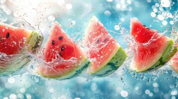 Watermelon slices splashing in water, creating a refreshing summer vibe. photo
