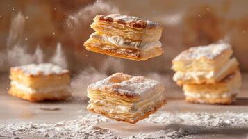 A floating pastry layered with cream and dusted with powdered sugar, showcasing culinary artistry. photo