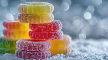 A colorful stack of gummy candies dusted with sugar, creating a sweet and festive appearance. photo