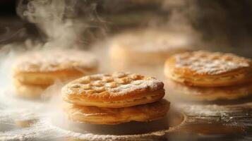 A close-up of freshly made waffles, steaming and dusted with powdered sugar. photo
