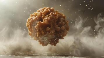 A floating, textured object surrounded by mist and dust, suggesting a scientific or abstract theme. photo