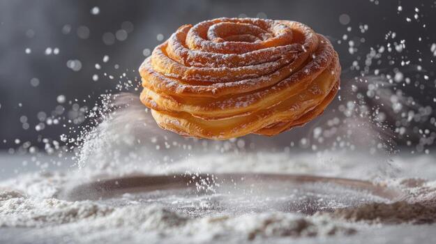 A floating pastry dusted with powdered sugar above a surface of flour, creating a whimsical effect. photo