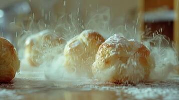 Fluffy pastries dusted with powdered sugar, creating a whimsical, inviting scene. photo