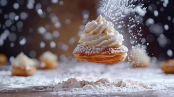 A floating pastry topped with cream, surrounded by powdered sugar, highlighting dessert aesthetics. photo