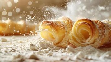 Flaky pastry rolls dusted with flour, showcasing culinary artistry and deliciousness. photo