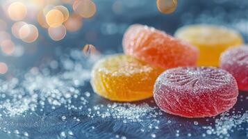 Colorful gummy candies coated in sugar, arranged on a textured surface with a bokeh background. photo