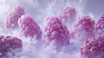 A close-up of stylized raspberries surrounded by mist, showcasing texture and color. photo