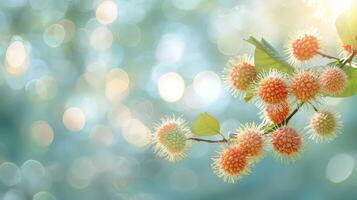 A close-up of vibrant, spiky fruits on a branch against a soft, blurred background. photo