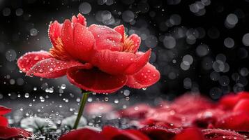 A vibrant red flower surrounded by water droplets, creating a serene and refreshing atmosphere. photo