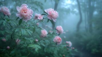 un sereno escena de rosado peonías rodeado por brumoso verdor, evocando tranquilidad. foto