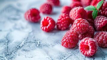 A close-up of fresh raspberries on a textured surface, showcasing their vibrant color and texture. photo