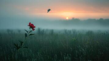 A serene landscape at dawn featuring a single red flower amidst a misty field. photo