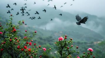 A serene landscape featuring birds in flight amidst blooming flowers and misty hills. photo
