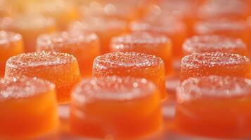 Close-up of glistening orange gummy candies arranged in rows. photo