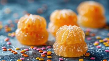 Colorful jelly desserts sprinkled with candy on a textured surface. photo
