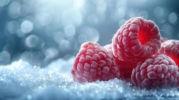 A close-up of fresh raspberries on a snowy surface with a soft, blurred background. photo