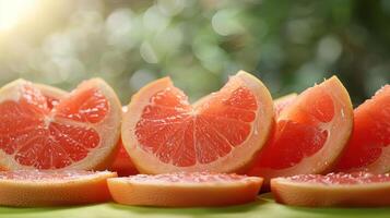 Freshly sliced grapefruit arranged artistically with a soft background. photo