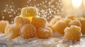 A close-up of sugary, yellow desserts arranged in a pyramid, with sugar sprinkling over them. photo
