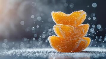 A stack of sugar-coated orange slices glistening with a sprinkle of sugar. photo