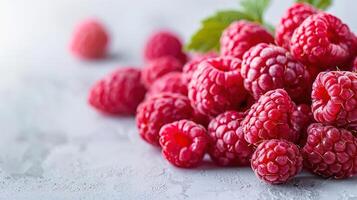 A close-up of fresh raspberries arranged on a textured surface with a green leaf. photo