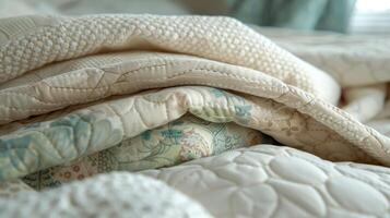 A close-up of layered quilts showcasing intricate patterns and textures. photo