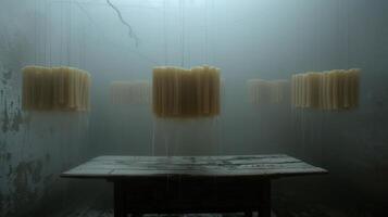 A dimly lit room with suspended wax-like structures above a rustic wooden table. photo