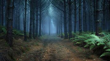 A serene forest path surrounded by tall trees and ferns, evoking tranquility and nature. photo