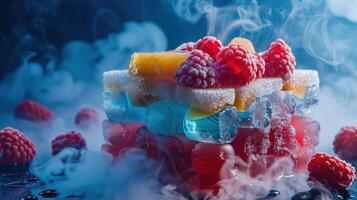 A colorful dessert stack with raspberries and jelly, surrounded by mist for a dramatic effect. photo