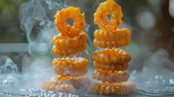 Two stacks of golden, ring-shaped snacks with steam and bokeh background. photo