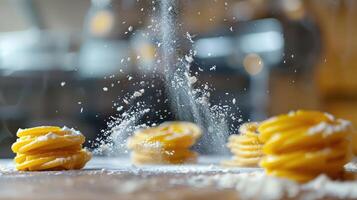 Flour dusting over stacked pasta shapes on a wooden surface. photo