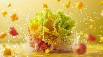 A vibrant splash of lettuce surrounded by water droplets, highlighting freshness and vitality. photo