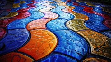 Vibrant, wavy-patterned pavement in bright colors, showcasing artistic design and texture. photo