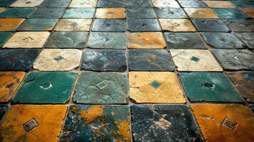 A close-up view of a colorful, patterned tiled floor with variations in color and texture. photo