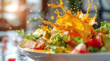 A vibrant salad with a splash of cheese, showcasing freshness and appetizing colors. photo