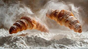 Two croissants hovering over a cloud of flour, creating a dynamic and appetizing scene. photo