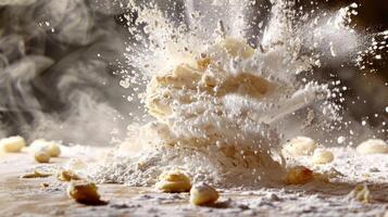 Flour explosion creating a dynamic visual effect in a kitchen setting. photo