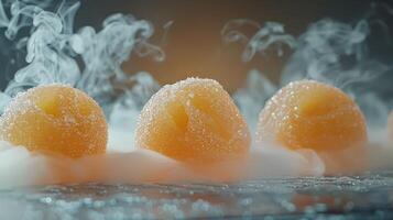 Three spherical orange desserts emitting steam, resting on a reflective surface. photo