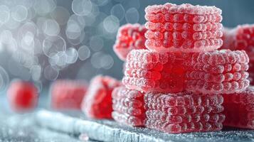 A close-up of stacked red gummy candies coated in sugar, with a blurred background. photo