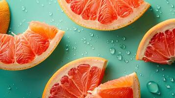 Freshly cut grapefruit slices on a turquoise background with water droplets. photo