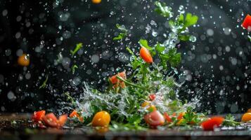 Fresh vegetables splashing in water, creating a dynamic and vibrant scene. photo