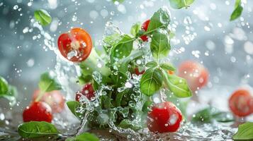 Fresh tomatoes and basil leaves splashing in water, showcasing vibrant colors and freshness. photo