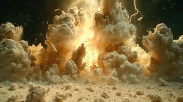 A dramatic explosion with clouds of smoke and sparks illuminating the scene. photo