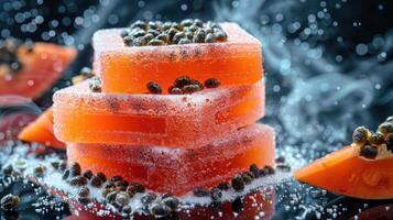A vibrant display of layered gelatin desserts with seeds and sugar, showcasing culinary art. photo