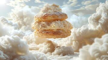 A surreal depiction of layered pastries floating amidst fluffy clouds. photo